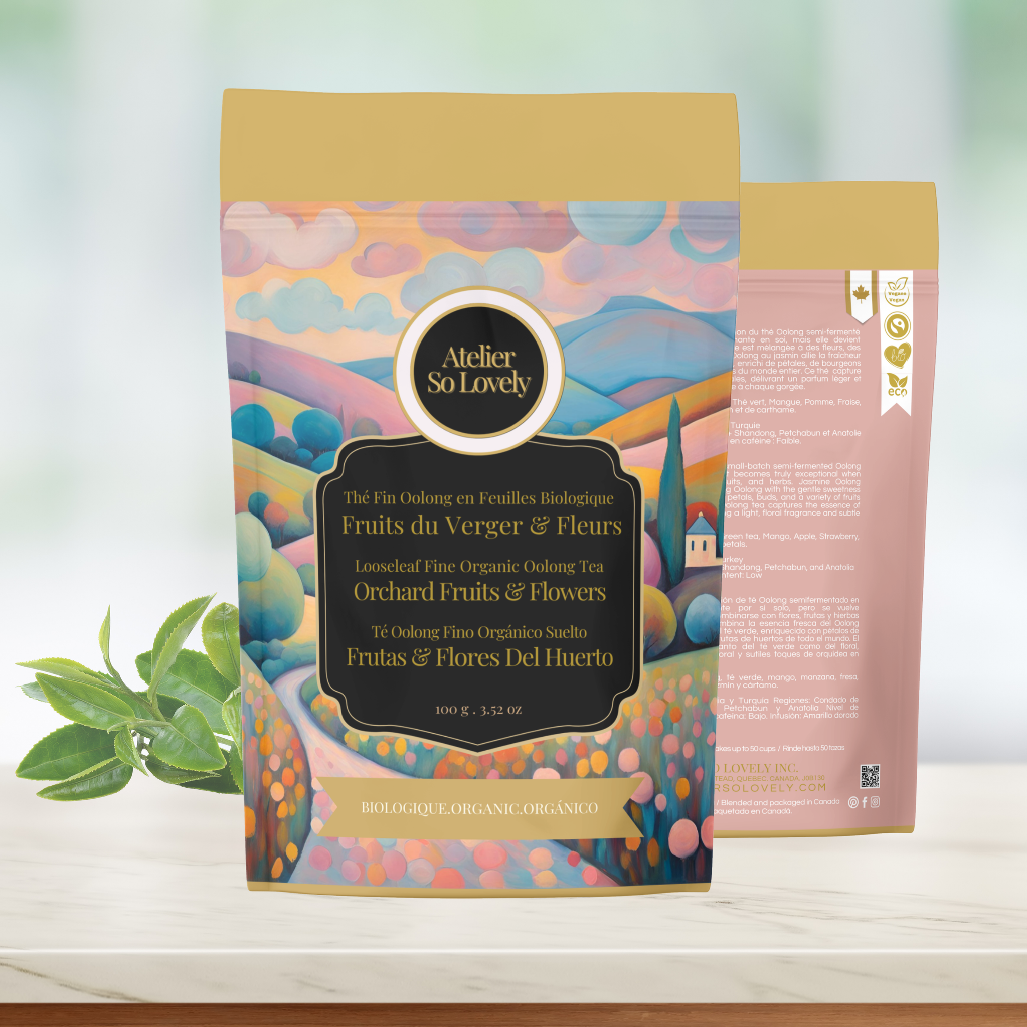 Floral oolong tea with jasmine, mango, peach, and strawberry – Pale golden infusion in loose leaf