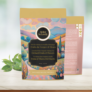 Floral oolong tea with jasmine, mango, peach, and strawberry – Pale golden infusion in loose leaf