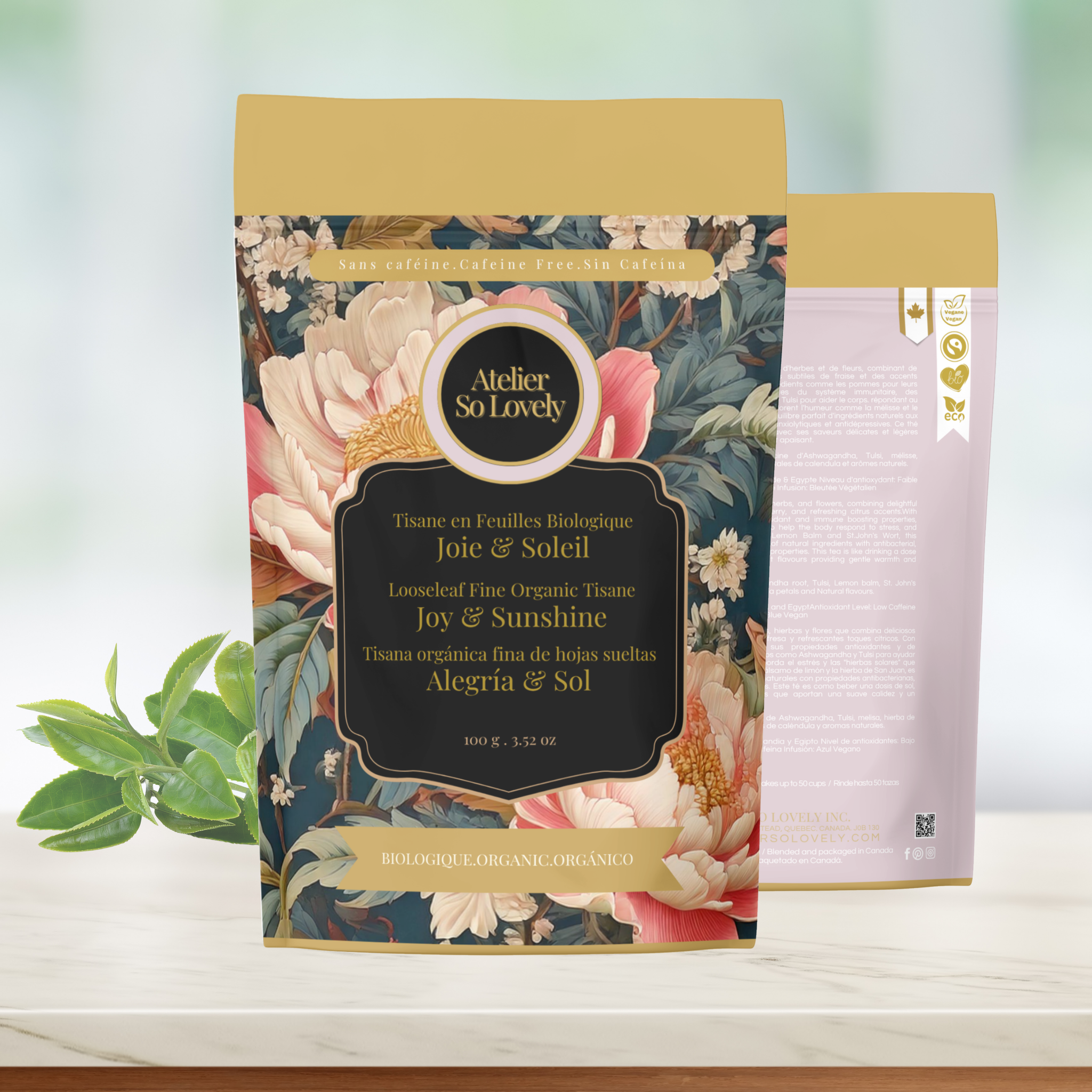 Joy & Sunshine caffeine-free infusion with vibrant blue color and floral notes